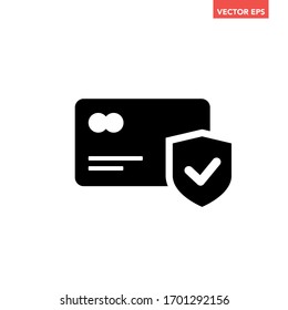 Soiled black secured debit or credit card icon, simple commercial pay under protection flat design infographic pictogram vector, app web button ui ux interface elements isolated on white background