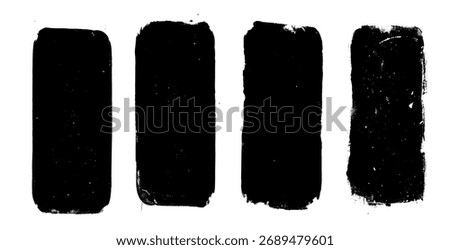 Soiled paper ink grunge text boxes set. Callouts vertical rectangles frames. Linocut rolled paint black tag. Vector handmade brayer stamp smudged texture. Rough paint decorative irregular border.