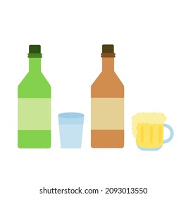 Soju, beer and liquor are alcoholic beverages.Bottle and glass.Korean rice vodka.Oktoberfest festival poster.Sign, symbol, icon or logo isolated.Cartoon vector illustration.Flat design.