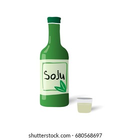 Soju bottle vector. Korean rice vodka. Green bottle with a glass. Korean word 'soju'