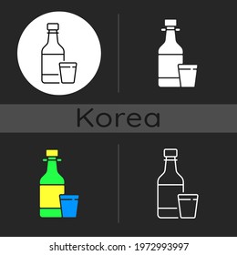 Soju dark theme icon. Asian alcoholic drink. Alcohol in bottle. Japanese sake. Korean culture. Vodka in glass. Linear white, simple glyph and RGB color styles. Isolated vector illustrations