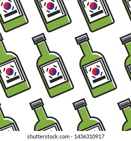 Soju Korean traditional alcohol drink seamless pattern vector beverage bottle of rice wheat and barley endless texture national cuisine wallpaper print traveling and tourism country exploration.