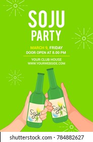 Soju Party Poster Vector Illustration, Cheers! Soju Glass Bottles.