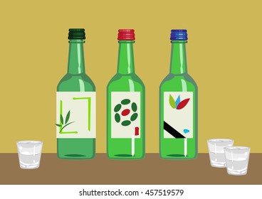 Soju is a popular distilled beverage from Korea containing ethanol and water from various plant and vegetable sources. Editable Clip Art.