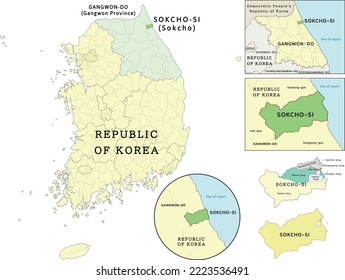 Sokcho-si (Sokcho city) location on Gangwon-do (Gangwon Province) and Republic of Korea (South Korea) map. Clored. Vectored