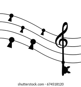 Sol key isolated with lines & rows. treble clef for music vector on black & white background. Musical notes flat design like keyhole cartoon. 
