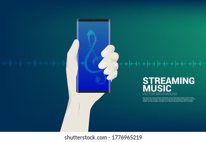 Sol Key Note Symbol Sound wave Music Equalizer auf Handy in Hand Hintergrund. Hintergrund für Streaming-Musik und digitales Lied.