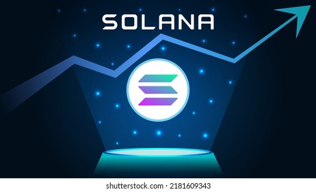 SOL, Solana in uptrend and price is rising. Crypto coin symbol and up arrow. SOL logo in podium with hologram effect concept for banner, website, landing page, ads.