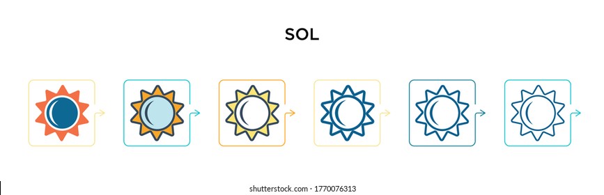 Sol vector icon in 6 different modern styles. Black, two colored sol icons designed in filled, outline, line and stroke style. Vector illustration can be used for web, mobile, ui