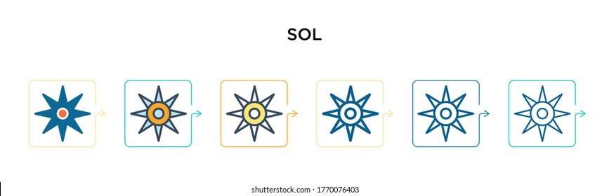 Sol vector icon in 6 different modern styles. Black, two colored sol icons designed in filled, outline, line and stroke style. Vector illustration can be used for web, mobile, ui