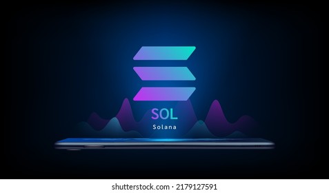 Solana coin icon crypto currency token symbol come out from smartphone with growth chart. Trading cryptocurrency on application. Financial investment. Banner for website or news. Vector EPS10.