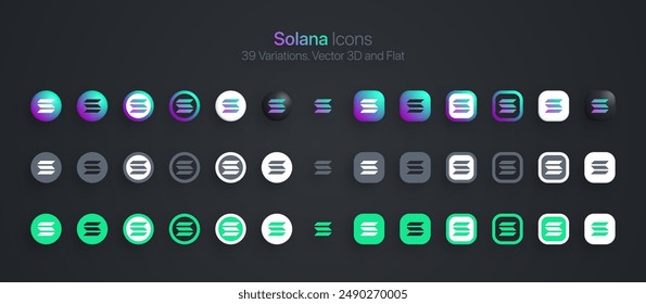 Solana Münze SOL Kryptowährung Moderne 3D und flache Icons setzen Vektorgrafik isoliert auf dunklem Rücken. Blockchain Technologie Kryptowährungsmünzen-Logo in verschiedenen Stilen für den Finanzaustausch Digital Business