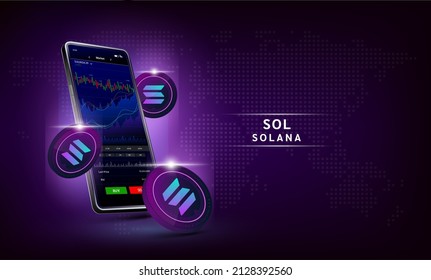 Solana-Münze (SOL) und Telefon. App für den Handel mit Kryptowährung auf dem Touchscreen Smartphone. Datenanalyse-Aktienmarkt. Trends und Finanzstrategie. Mobile Banking Kryptowährung. Vektor 3d. 