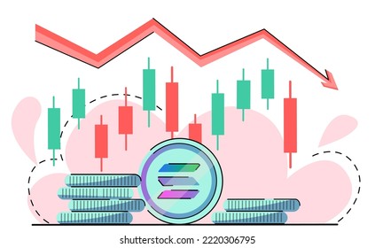 Solana coins falling. Bear red down arrow in the cryptocurrency market. bear market. crypto down trend.  japanese candles and logo SOL coin. vector isolated on white