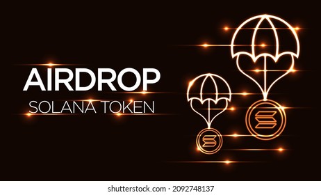 Solana crypto currency airdrop golden background, SOL token with parachute illustration, blockchain prizes.