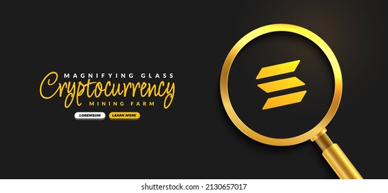 Solana Crypto currency with golden magnifying glass background, Digital money exchange of Blockchain technology banner, Cryptocurrency financial concept