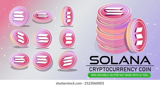 Solana Cryptocurrency Coin Vector Illustration Set.Editable vector illustration featuring multiple Solana cryptocurrency coin designs, perfect for blockchain and digital currency projects.