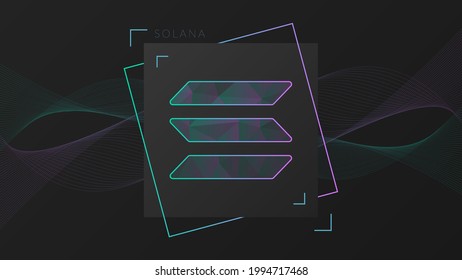 Solana cryptocurrency colorful logo with wave thin lines background.