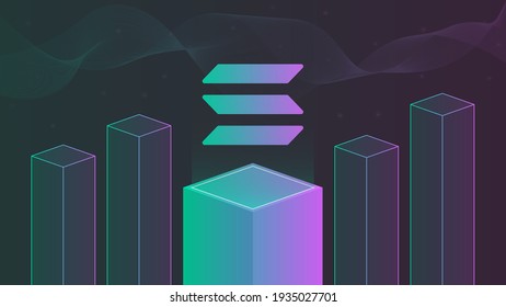 Solana cryptocurrency gradient logo on colorful isometric cubes background with wavy lines.