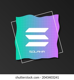 Solana cryptocurrency logo on colorful wireframe backdrop.