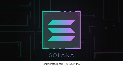 Solana cryptocurrency logo on dark background with circuits decoration.