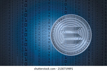 Solana digital cryptocurrency, sign binary code number. Background binary code. Big data mining technology. Blue glowing abstract vector illustration of online electronic payments. Vector illustration