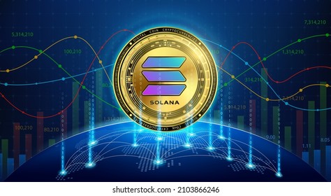 Solana gold coin. Token cryptocurrency currency on future internet. Digital online technology blockchain stock market and crypto currencies. Hologram with a globe and world map. Vector EPS10.