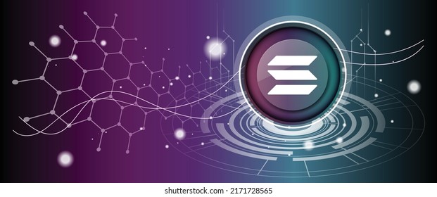 Solana logo with crypto currency themed circle black background design. Modern pink blue purple neon color banner for Solana SOL token icon. Cryptocurrency concept Blockchain technology.