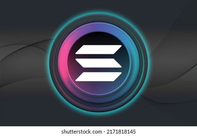 Solana logo with crypto currency themed circle black background design. Modern neon color banner for SOL token icon. Solana Cryptocurrency Blockchain technology concept. Dark waves illustration.