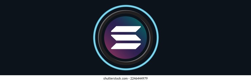 Solana logo with crypto currency themed circle black background design. Modern neon color banner for SOL token icon. Solana Cryptocurrency Blockchain technology concept.