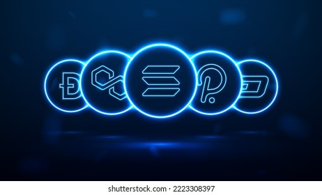 Solana, Polkadot, Polygon, Dash and Dogecoin blue neon logos on a dark background. Shiny round cryptocurrency icons.