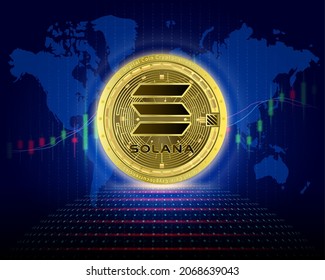 SOLANA SOL 3D Vector illustration. Symbol of modern digital gold and money. Cryptocurrency blockchain (crypto currency) alternative currency, Silver golden virtual currency with growth share chart. 