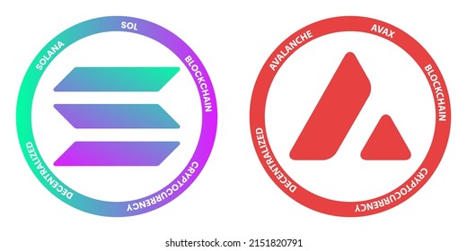 Solana SOL and Avalanche AVAX crypto logos. Cryptocurrency symbol set vector illustration template