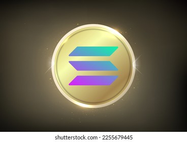 Solana (SOl) Coin Crypto banner . Solana (SOL)  cryptocurrency golden coin symbol  isolated on gold coin 