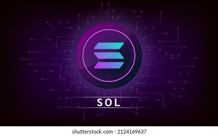 Solana (SOL) coin cryptocurrency token symbol. Coin icon on dark  background. Technology for finance in International stock blockchain. Vector illustration.