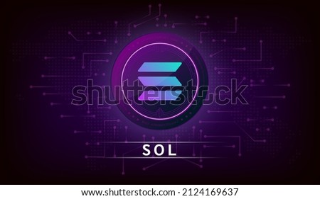 Solana (SOL) coin cryptocurrency token symbol. Coin icon on dark  background. Technology for finance in International stock blockchain. Vector illustration.