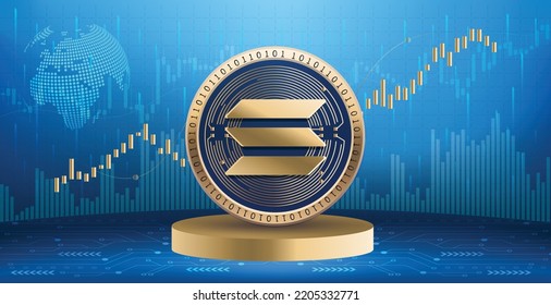 Solana SOL crypto currency coin logo and symbol over financial infographic background. Futuristic technology vector illustration banner and wallpaper 