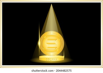 Solana (SOL) crypto currency icon on stage with golden spotlights, Illustration for logo, banner, poster and design web site mobile app, EPS10.