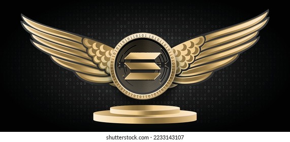 Solana (SOL) crypto currency logo and coin vector illustration banner. Blockchain based cryptocurrency technology background. 