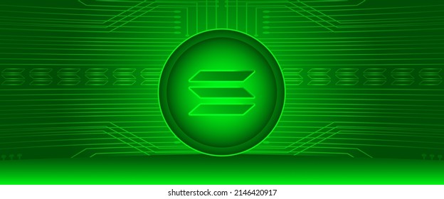 Solana SOL crypto logo on a neon technology background banner. Cryptocurrency symbol vector illustration green wallpaper. v