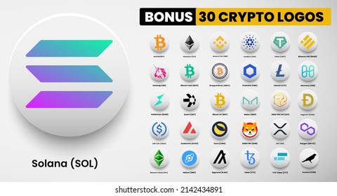 Solana SOL crypto logo symbols of cryptocurrency. Set of Bitcoin, Ethereum, Quant, Binance Coin, Binance USD, litecoin,avalanche, chainlink, maker, dogecoin, USD Coin, Shiba Inu, Polygon, and Helium