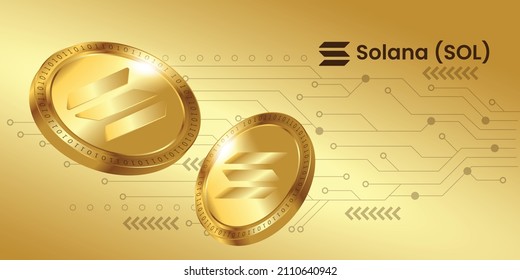 Solana SOL criptodivisa banner ilustración vectorial con logotipo en plantilla de moneda de oro