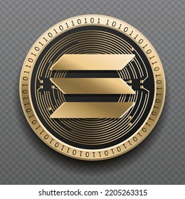 Solana (SOL) cryptocurrency golden coin isolated in transparent background. Virtual currency token symbol vector illustration based on cryptography and block chain technology.