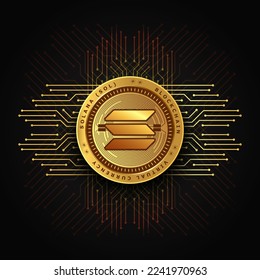 Solana SOL cryptocurrency golden coin technology vector background and banner