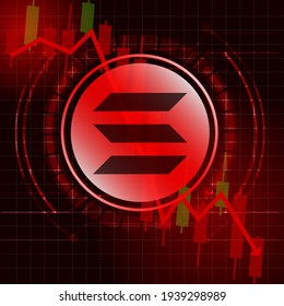 Solana (SOL) cryptocurrency value price fall drop concept design. Glowing Dash Coin on red candle stick charts with black and red background.Vector Illustration.EPS10.