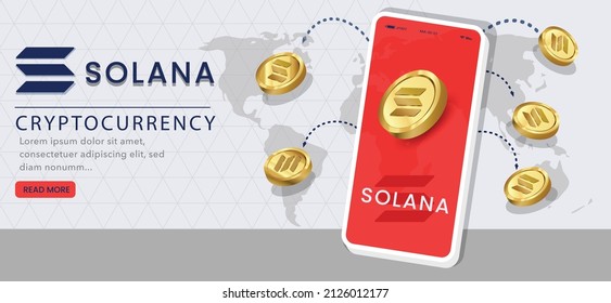 Solana SOL cryptocurrency website banner vector illustration. Technology background with future payment concept, smartphone and golden coins.