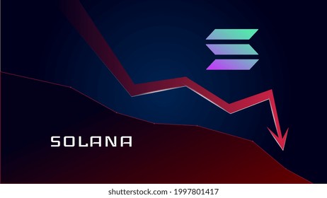 Solana SOL in downtrend and price falls down. Cryptocurrency coin symbol and red down arrow. Crushed and fell down. Cryptocurrency trading crisis and crash. Vector illustration.