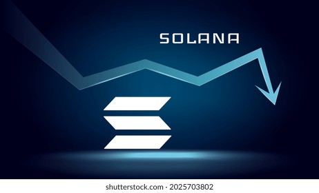 Solana SOL in downtrend and price falls down. Cryptocurrency coin symbol and down arrow. Crushed and fell down. Cryptocurrency trading crisis and crash. Vector illustration.