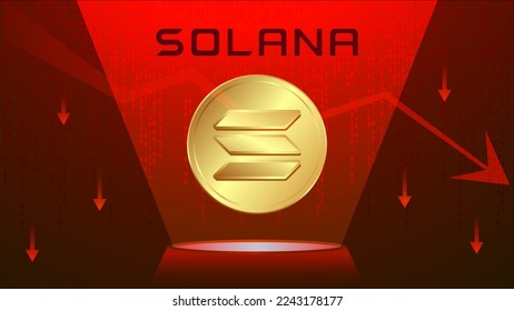 Solana SOL in downtrend and price falls down. Solana coin symbol and down red arrows. Crushed and fell down. Cryptocurrency trading crisis and crash. 