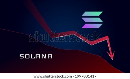 Solana SOL in downtrend and price falls down. Cryptocurrency coin symbol and red down arrow. Crushed and fell down. Cryptocurrency trading crisis and crash. Vector illustration.
